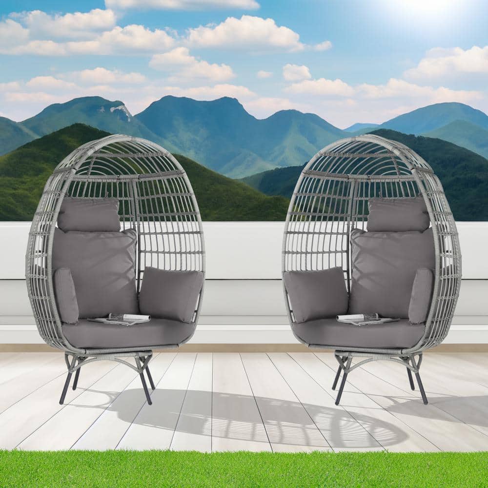 2-Pieces Patio Wicker Swivel Egg Chair, Oversized Indoor Outdoor Egg Chair,