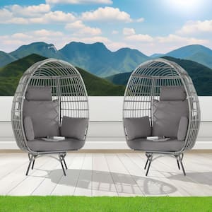 2-Pieces Patio Wicker Swivel Egg Chair, Oversized Indoor Outdoor Egg Chair, Gray Rattan Gray Cushions