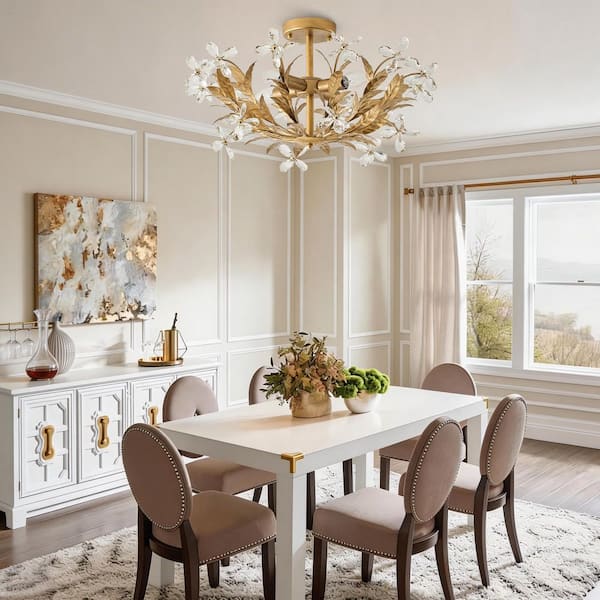 24 in. 4-Light Bowl Brushed Gold Semi-Flush Mount Ceiling Light with Crystal Butterfly Accents for Dining Room