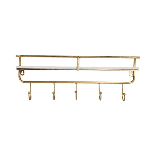 20 in. W x 6 in. D White/Gold Metal 5 Hook Decorative Wall Shelf