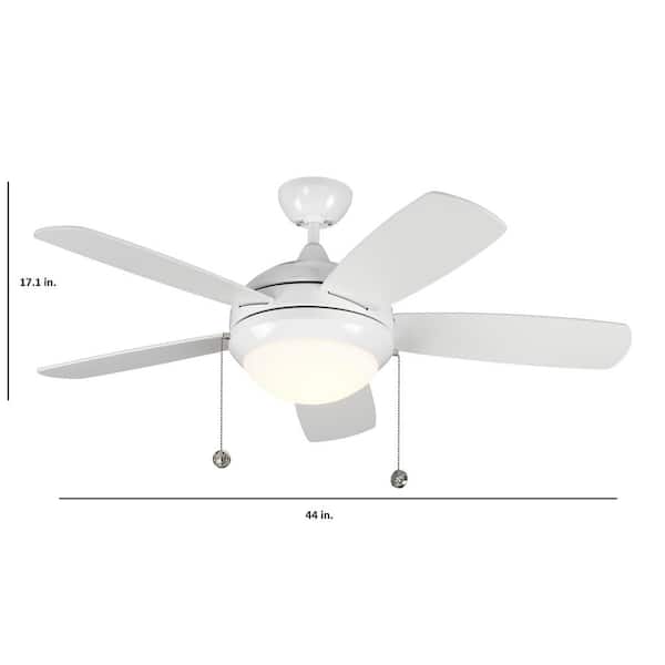 Generation Lighting - Discus Classic 44 in. Modern Integrated LED Indoor White Ceiling Fan with White Blades and 3000K Light Kit, Pull Chain