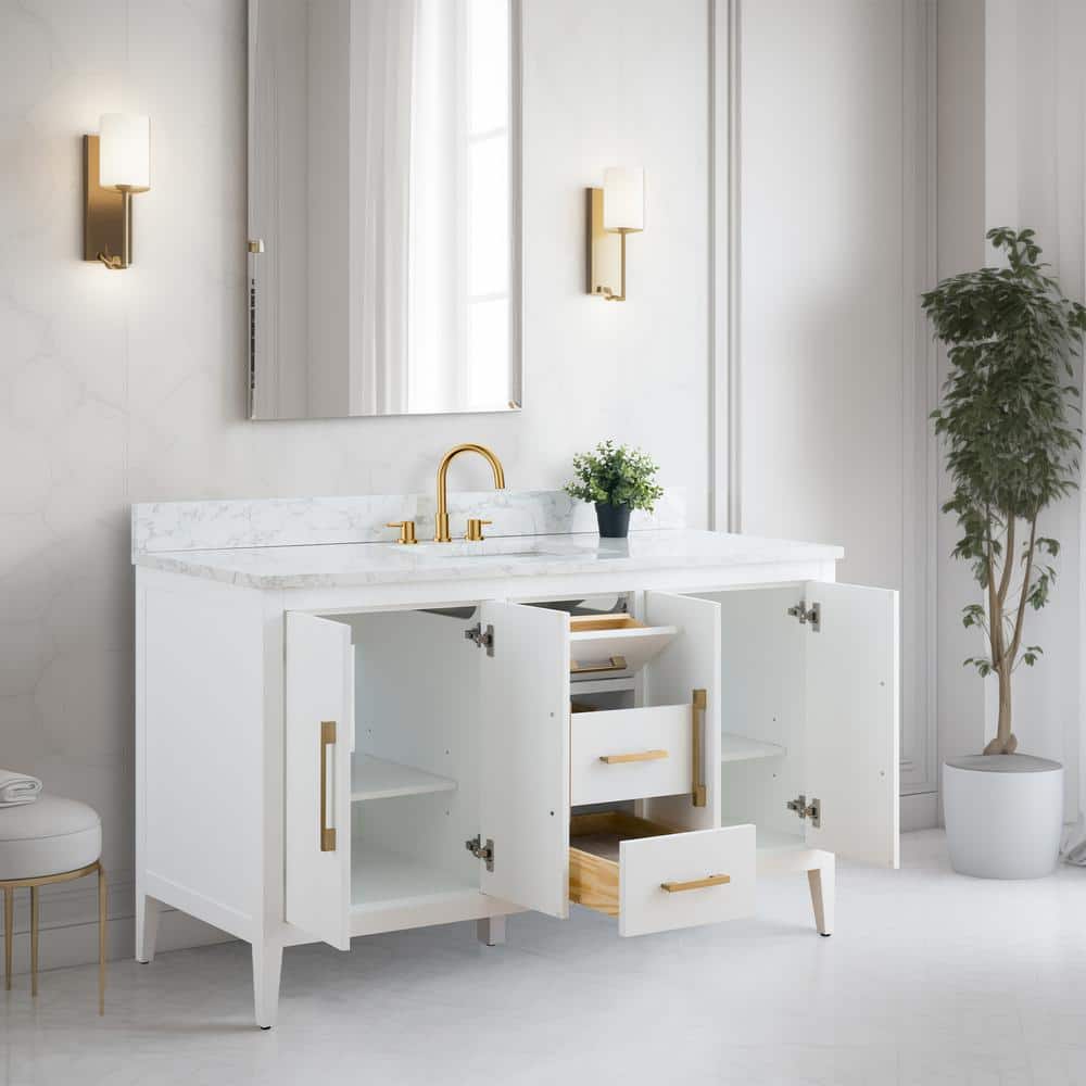 60'' White MDF Single Sink Bathroom Vanity with Engineered Marble Top
