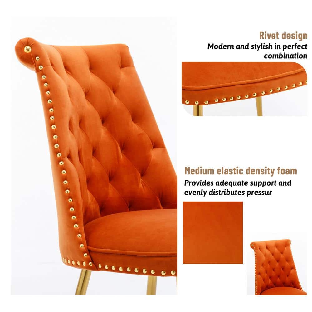 Orange Velvet Upholstered Side Chair with Gold Metal Legs