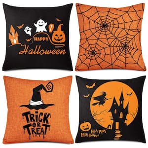 18 in. x 18 in. Halloween Linen Throw Pillow Cover in Orange and Black for Indoor and Outdoor (4-Pack)