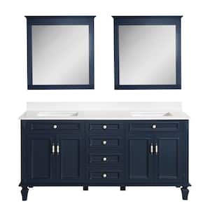 72 in.W x 22 in.D x 35 in.H Double Sink Solid Wood Bath Vanity in Navy Blue w/ White Stain-Resistant Quartz Top,2 Mirror