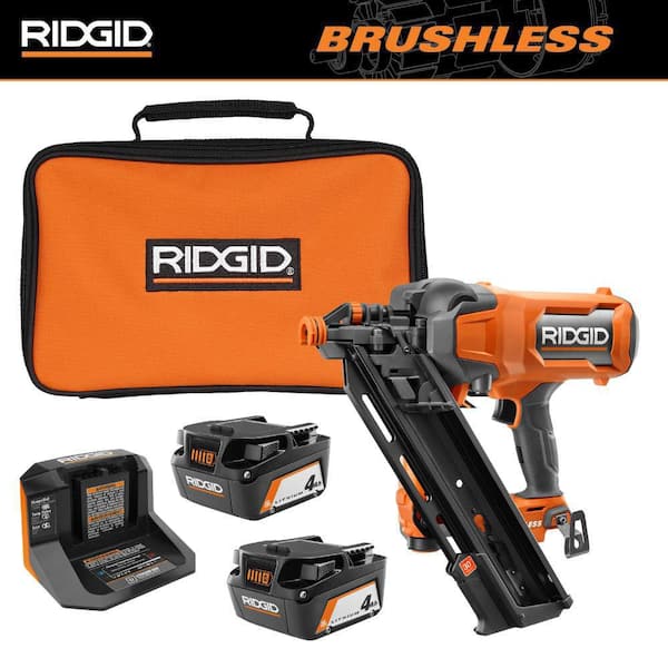 18V Lithium-Ion (2) 4.0 Ah Battery Starter Kit w/ Charger and Bag w/ 18V Brushless Cordless 30° 3-1/2 in. Framing Nailer