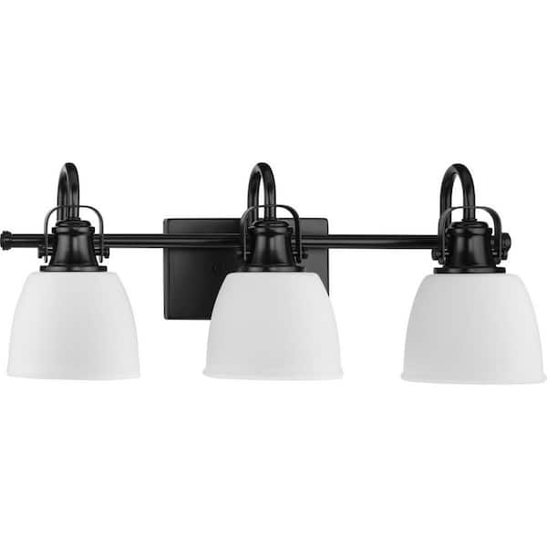 Progress Lighting Preston 22 in. 3-Light Matte Black Vanity Light with Etched Opal Glass Shades