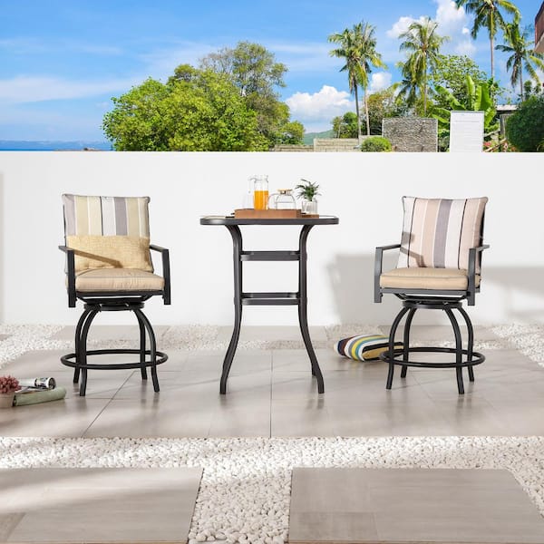 Patio Festival 3-Piece Metal Bar Height Outdoor Bistro Set with Beige Cushions