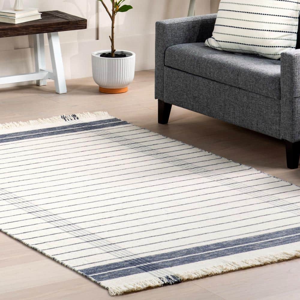 Ivory and Blue Striped Wool Fringe Area Rug 2' x 3'