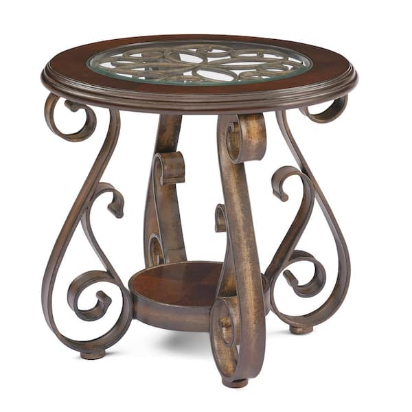 STICKON 25.5 in. W Brown Short Round Wood End Table with Glass Table Top