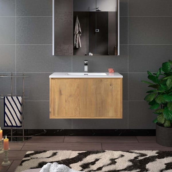 WOODBRIDGE FL 36 in. W x 18.87 in. D x 17.75 in. H Single Sink Floating Bath Vanity in Foak with White Resin Top