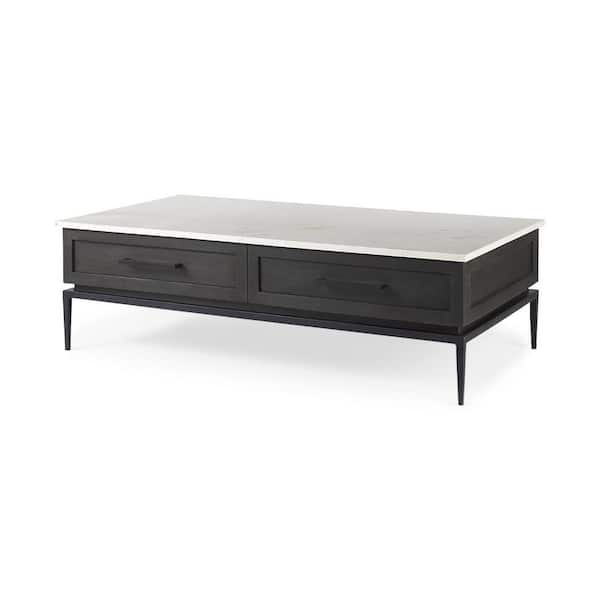 HomeRoots Mariana 30.5 in. Black, and White Rectangle Marble Coffee Table with Drawers, and Storage