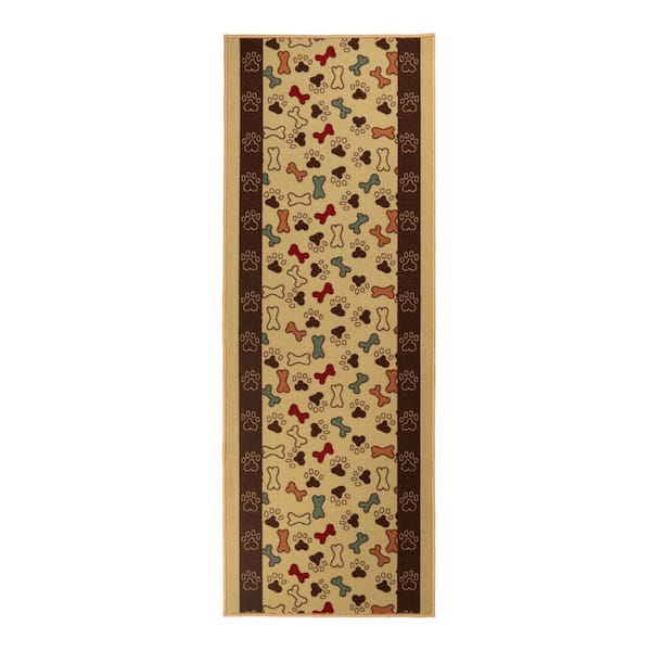 Pet Collection Bones & Paws Cut to Size Beige 26 " Width x Your Choice Length Custom Size Slip Resistant Runner Rug