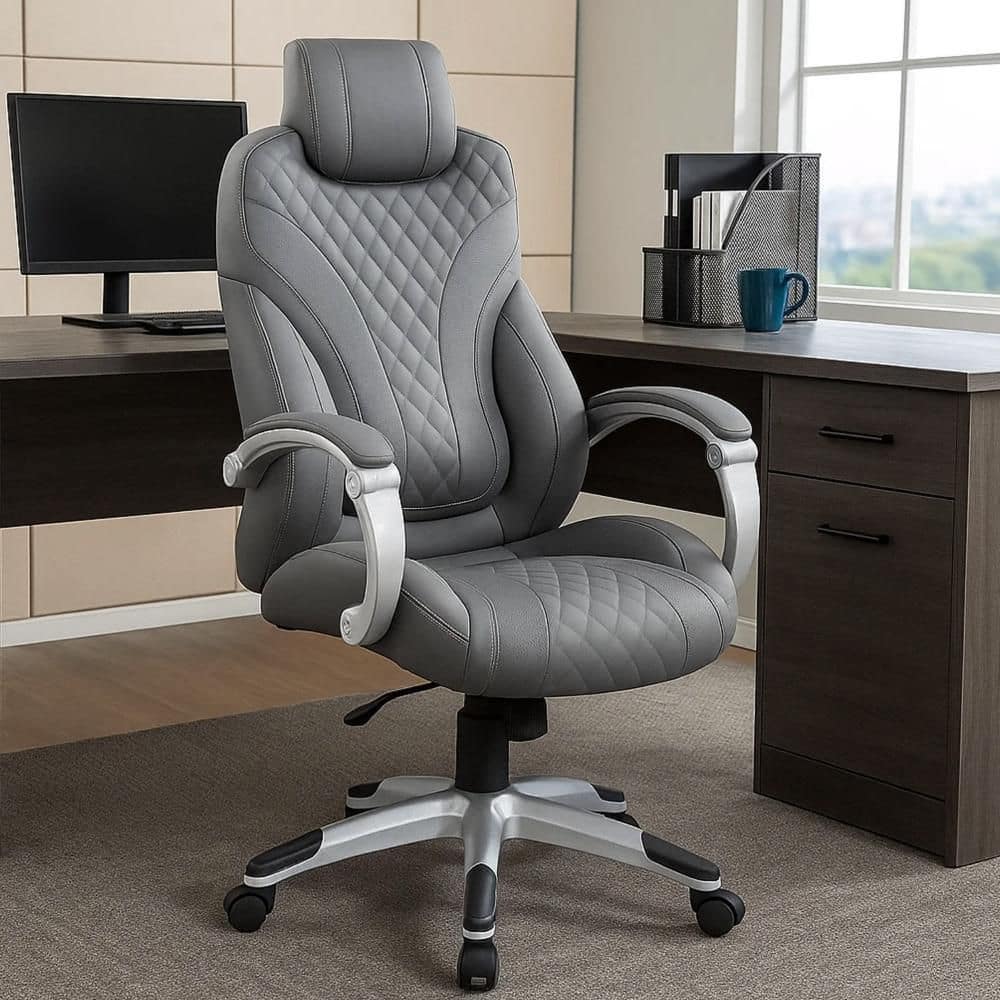 Kelly Vinyl Rolling Office Executive Chair in Gray and Silver with Arms
