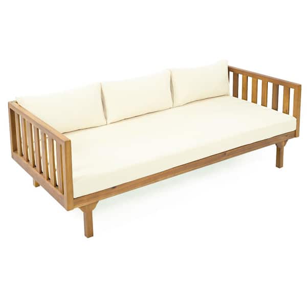 Unbranded Acacia Wood Outdoor 3 Seater Day Bed, Patio Sofa with Beige Cushions for Garden Backyard