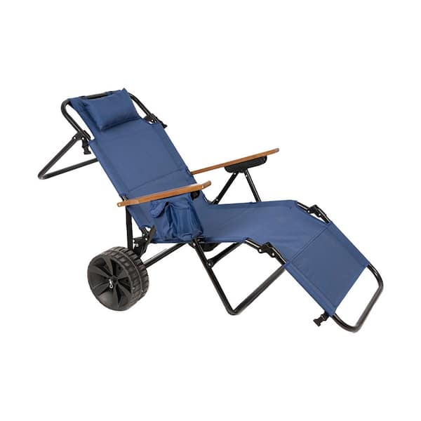 Unbranded Black Iron Steel Foldable Ourdoor Lounge Chair, 2 in 1 Bench Cart Chairs with Dark Blue Seat, Wheels for Pool, Picnic