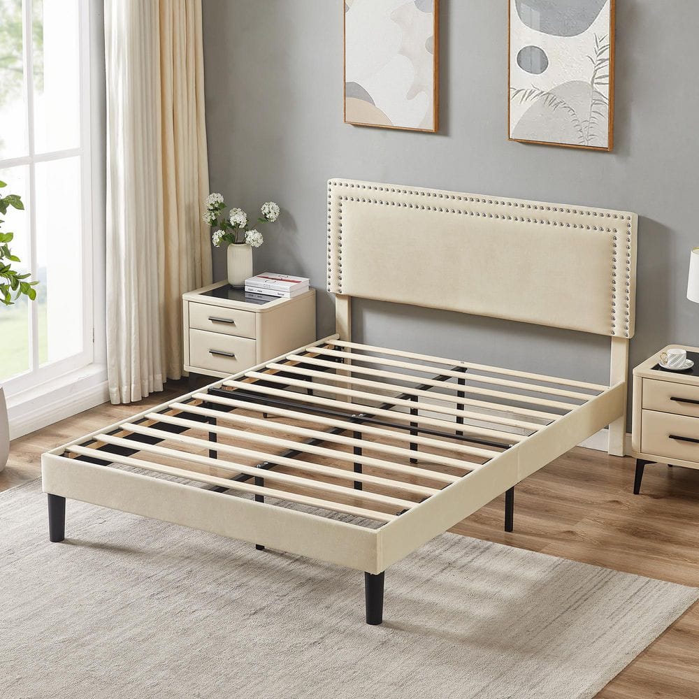 Bed Frame with Upholstered Headboard-Beige-3 Metal Frame King Platform Bed with Wooden Slats, No Box Spring Required price history on PriceWatchPro
