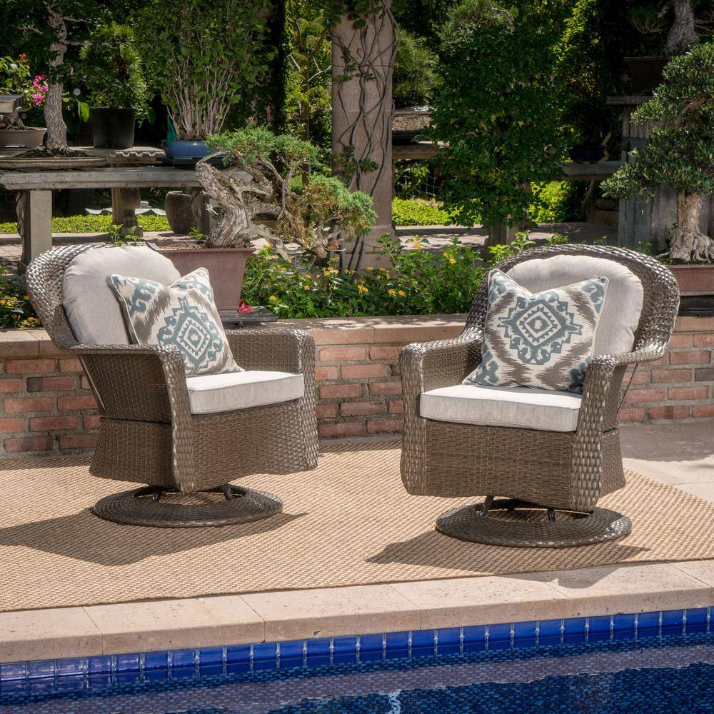 Linsten Brown Wicker Swivel Club Chairs with Gray Cushions, Set of 2