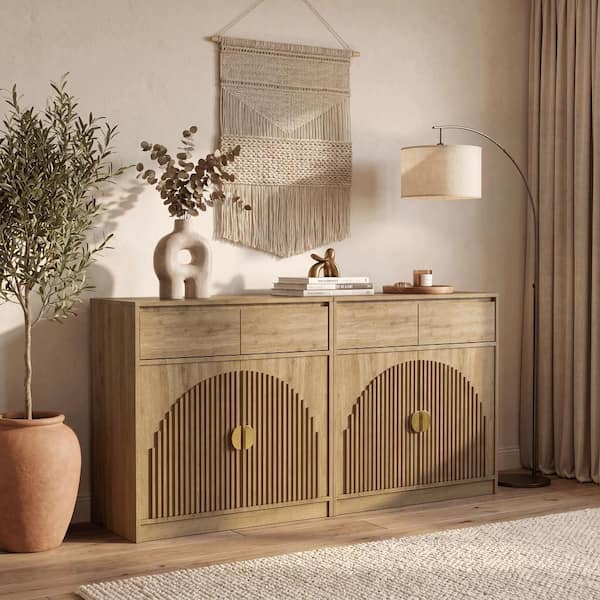 TECHMILLY 2-Piece Modern Natural 2-Door Storage Fluted Accent Sideboard with Adjustable Shelves, Gold Handles and Modular Design TM-SB-009BE-OR2