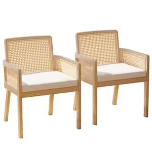 Outdoor Upholstered Natural Wood Rattan Accent Lounge Chair with Cushion (Set of 2)