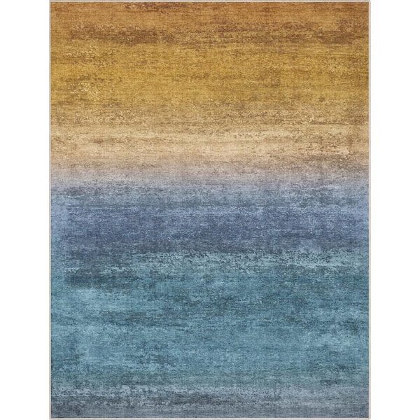 Blue Gold 7 ft. 7 in. x 9 ft. 10 in. Abstract Sunset Vintage Boho Gradient Flat-Weave Area Rug