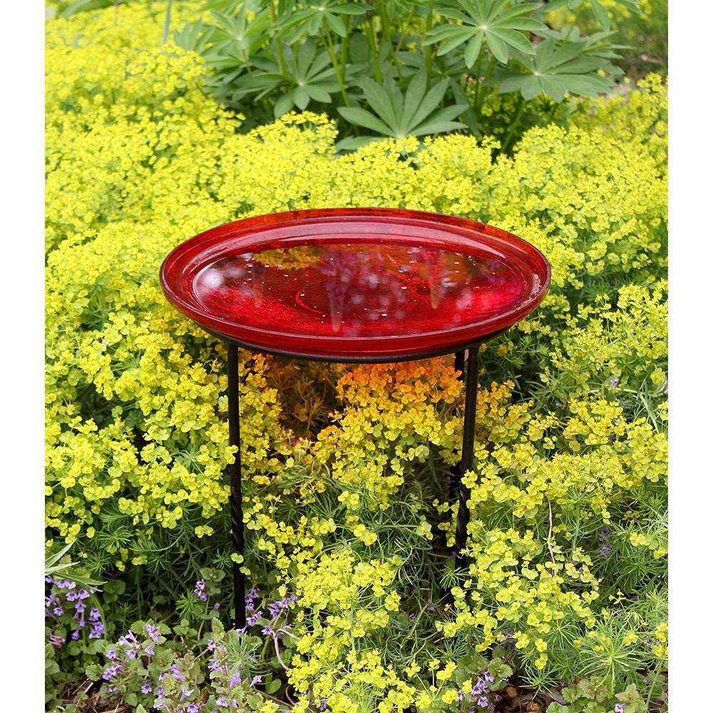 Red Crackle Hand-Blown Glass Hanging Birdbath Bowl