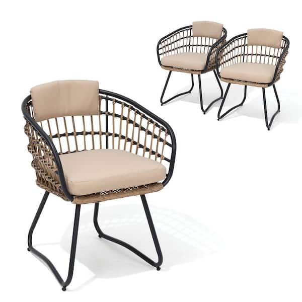 PE Rattan Patio Wicker Outdoor Dining Chair with Cushion in Beige (3-Pack)