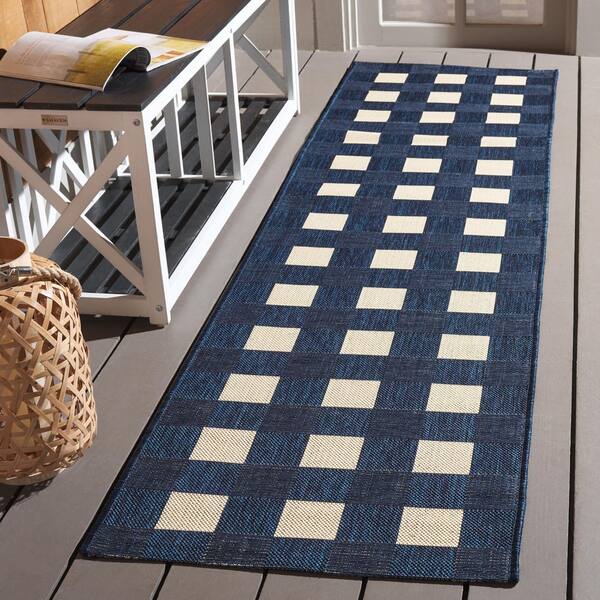 Courtyard Navy/Beige 2 ft. x 7 ft. Plaid Grid Indoor/Outdoor Runner Rug