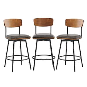 27 in. Wynne Stone Gray High Back Metal Swivel Counter Stool with Faux Leather Seat (Set of 3)