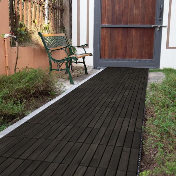 1 ft. x 1 ft. Outdoor Striped Square Wood Interlocking Flooring Deck Tiles in Dark Brown (Pack of 10 Tiles)