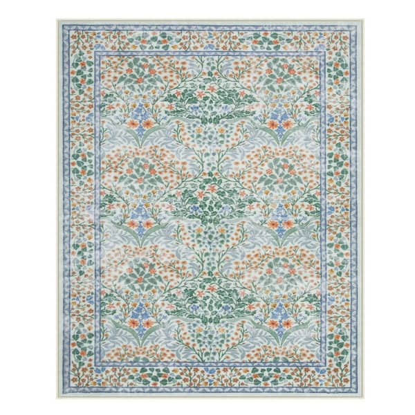 Boho Floral Botanical Washable Non Slip Light Green 8 ft. x 10 ft. Living Room Bedroom Area Rug