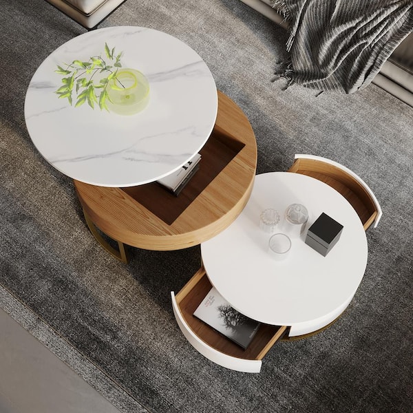 31.5 in. White Round Lift-Wood Top-top Modern Nesting Coffee Table Set Of 2