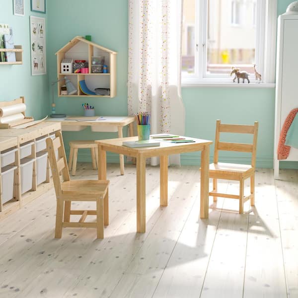 Carnegy Avenue Kyndl Kids Solid Hardwood 3-Piece Square Wood Top Natural Table and Chair Set for Playroom, Bedroom, Kitchen