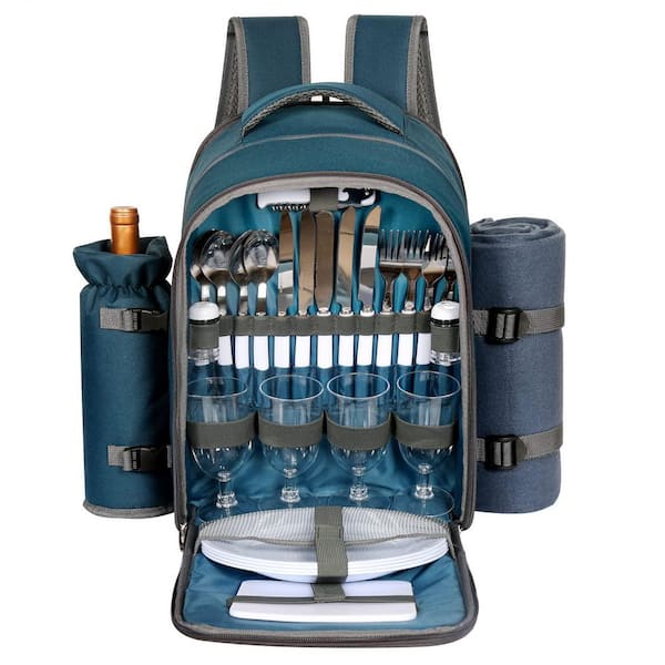 Wudkey Picnic Basket Backpack for 4 Person with Blanket, Wine Holder, Cooler Compartment, Cutlery Set in Blue