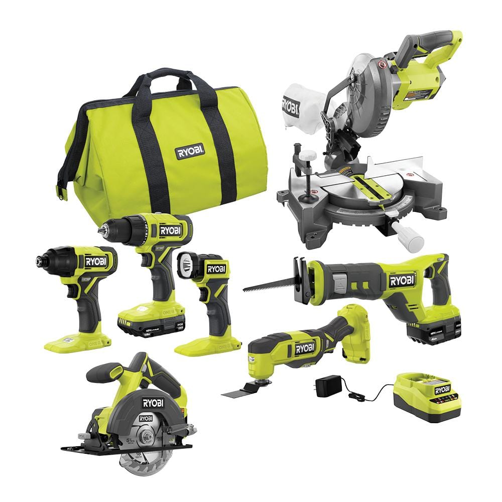RYOBI ONE+ 18V Cordless 6-Tool Combo Kit with 1.5 Ah and 4.0 Ah Batteries, Charger, and Miter Saw -  PCL1600K2P553