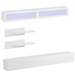 Wall Mount Floating TV Stand with 4 Media Storage Cabinets, 2 Shelves, for 95+Inch TV, 16-color RGB LED Lights, White