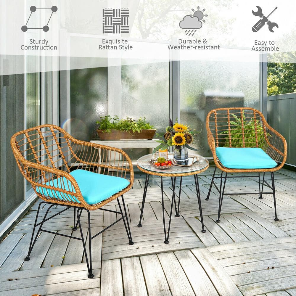 Turquoise Cushioned Rattan Armchair Set with Glass Table