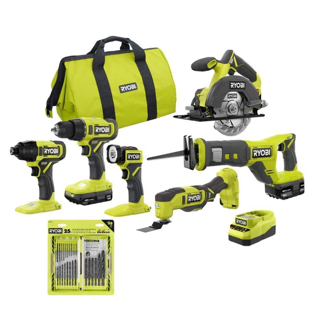 Ryobi ONE+ 18V Cordless 6-Tool Combo Kit w/ Batteries, Charger & Black Oxide Round Shank Twist Drill Bit Set (25-Piece)