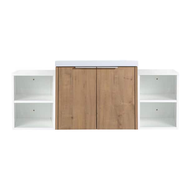FUNKOL 18 in. W x 48 in. D x 19 in. H 1 Sink Wall Mounted Bath Vanity in Oak with White Resin Top and 2-Storage Shelves
