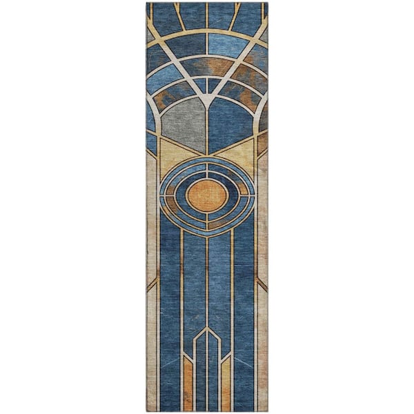 Mayfield Premium Machine Washable Abstract AMF2176 Blue 2 ft. x 7 ft. Runner Rug
