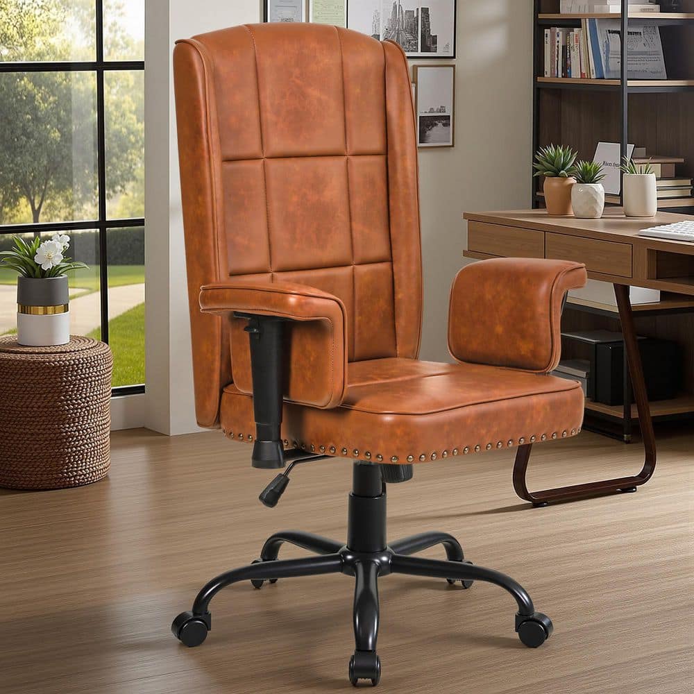High Back Office Chair Faux Leather Wheels Task Chair in Brown Style 2 with Adjustable Armrests-Swivel Desk Chair