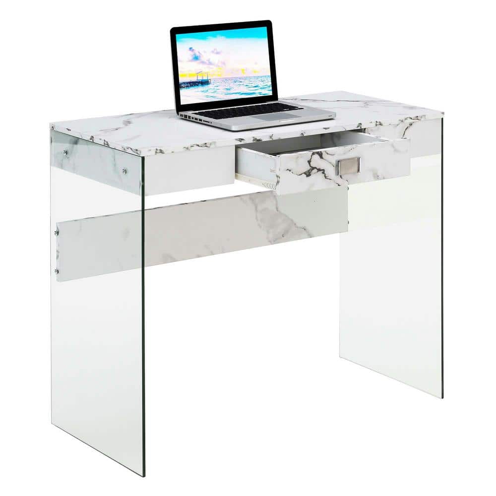 White Faux Marble and Glass Desk with Drawer, 36-inch