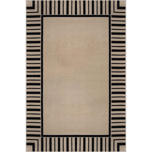 Edge Beige 9 ft. x 12 ft. Rubber Back Washable Geometric Border Indoor Outdoor Patio Area Rug