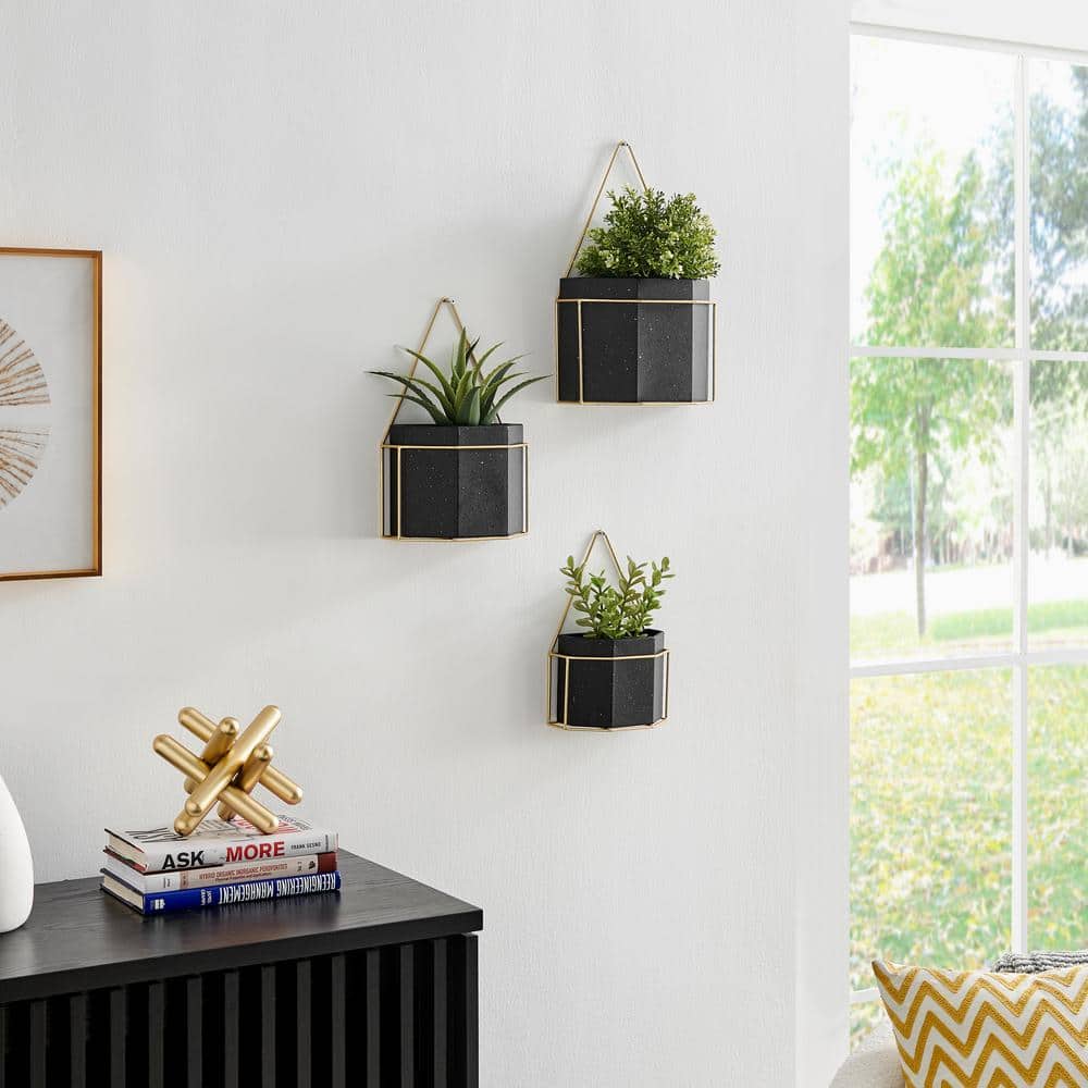Set of 3 Black and Gold Geometric Metal Wall Planters
