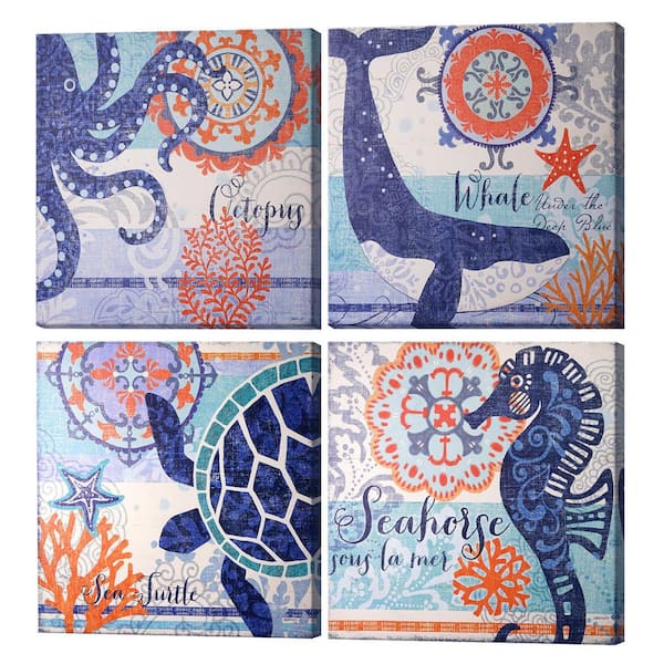 Teal Blue Coastal Canvas Wall Art, Sea Turtle Octopus Seahorse Whale 4-Pc Set for Bathroom, Unframed 24 in. x 24 in.