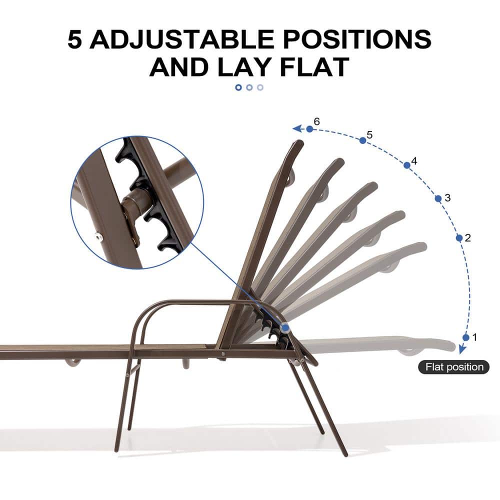 Brown Aluminum Adjustable Outdoor Chaise Lounge Set with Arms