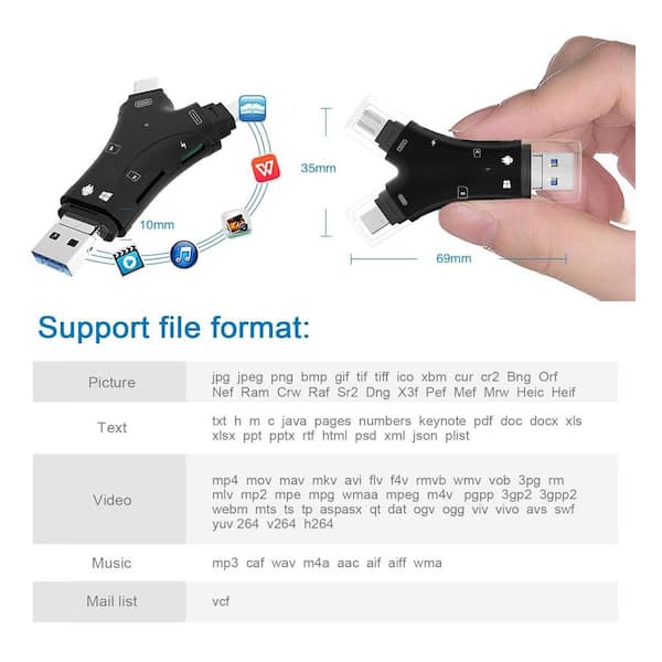 EKIEUDL - 4-in-1 Micro SD Card Reader Adapter, Plug & Play with Charging Port Design & High-Speed Data for Multiple Devices, Black