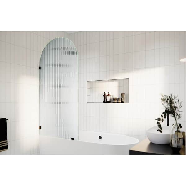Glass Warehouse Venus 34 in. W x 66.75 in. H Single Fixed Frameless Arched Fluted Tub Door in Matte Black without Handle
