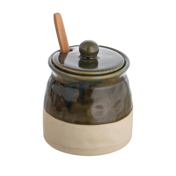 11.8 fl. Oz. Green Stoneware Sugar Pot with Lid and Wood Spoon Set of 2