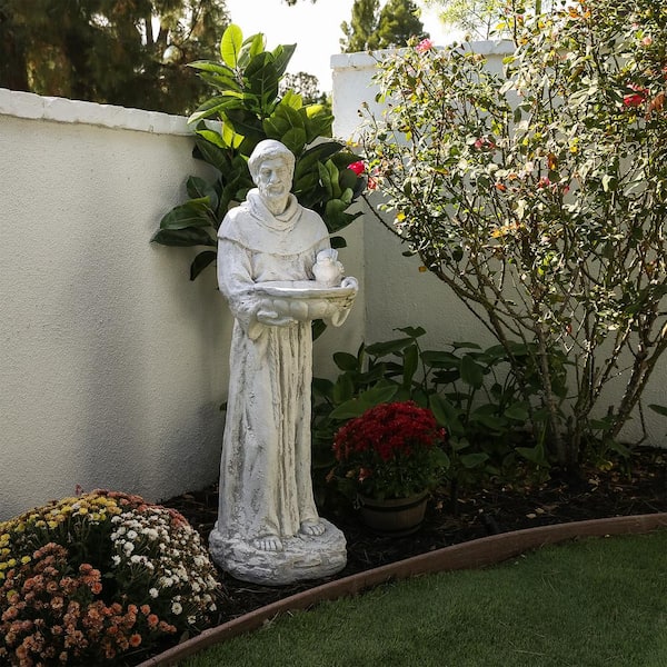 45 in. Tall Outdoor Saint Francis Birdbath Statue Yard Art Decoration, Light Gray